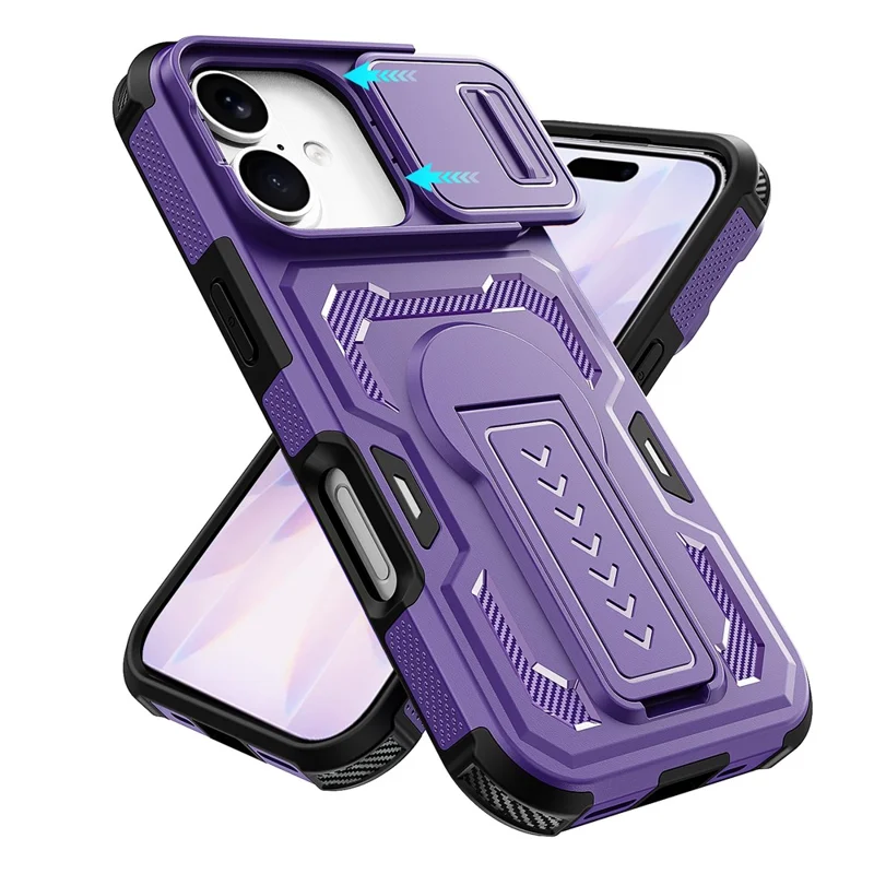 For iPhone 17  /  16 Pro Case Slide Lens Shield PC + TPU Kickstand Phone Cover - Purple