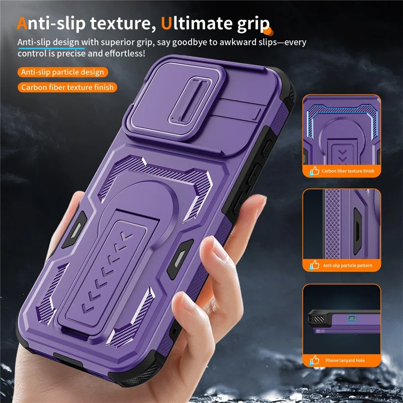 For iPhone 17  /  16 Pro Case Slide Lens Shield PC + TPU Kickstand Phone Cover - Purple
