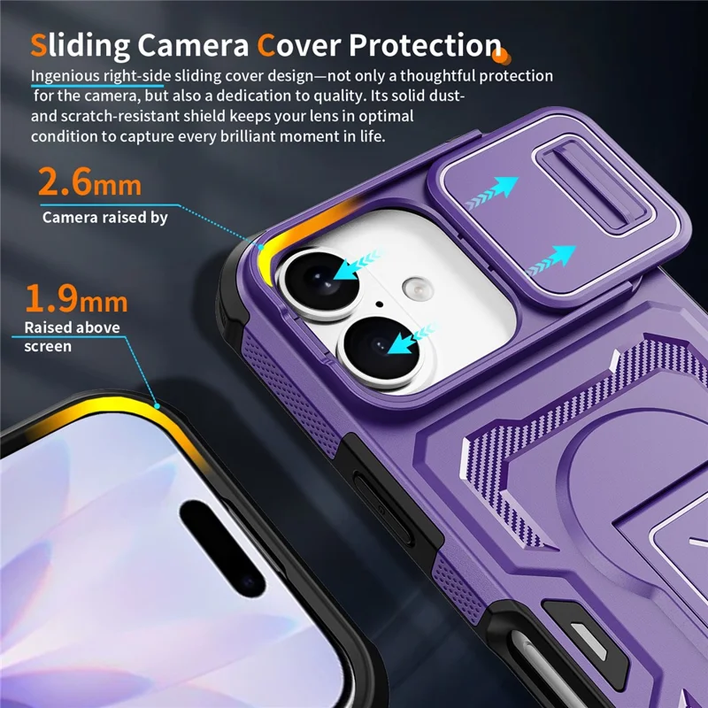 For iPhone 17  /  16 Pro Case Slide Lens Shield PC + TPU Kickstand Phone Cover - Purple