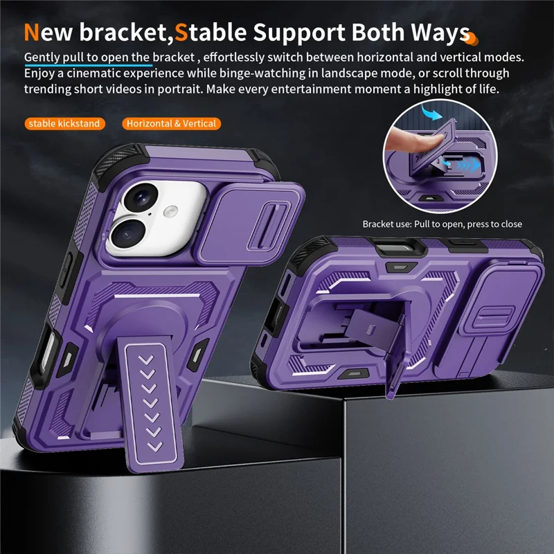 For iPhone 17  /  16 Pro Case Slide Lens Shield PC + TPU Kickstand Phone Cover - Purple