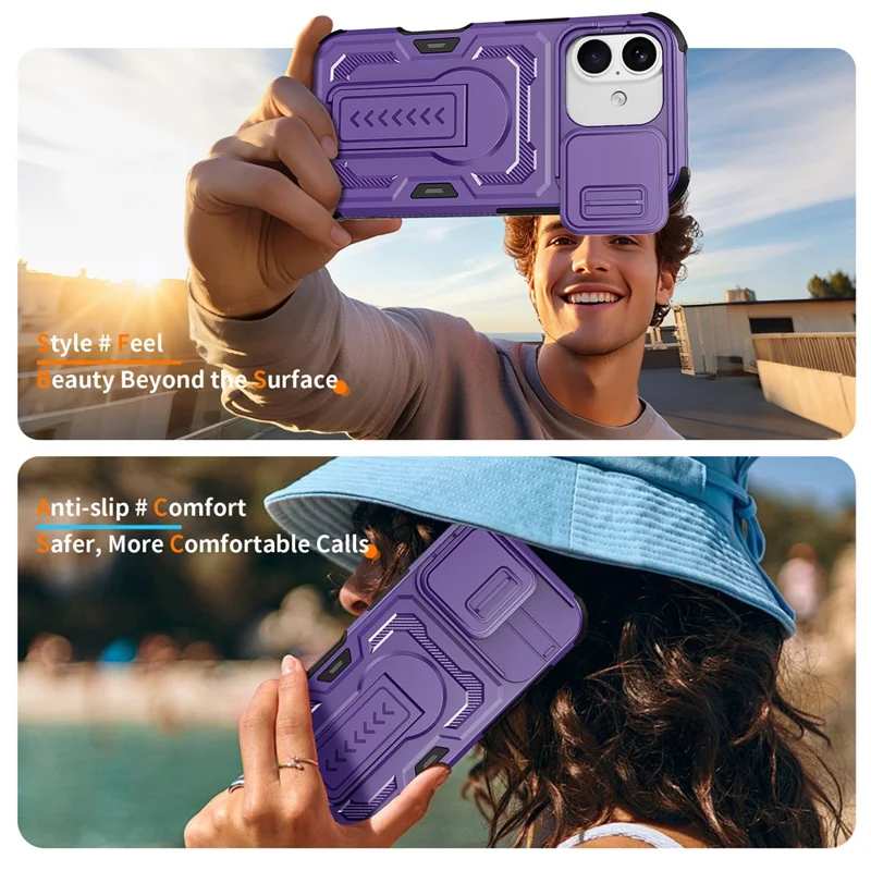For iPhone 17  /  16 Pro Case Slide Lens Shield PC + TPU Kickstand Phone Cover - Purple
