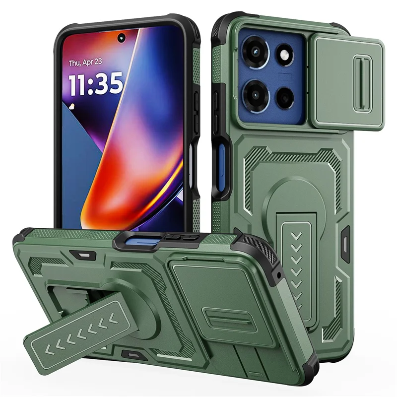 For Motorola Moto G (2025) 5G Case Slide Lens Shield PC + TPU Kickstand Phone Cover - Green