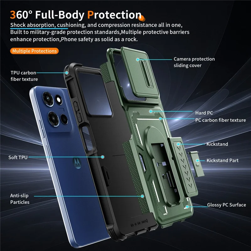 For Motorola Moto G (2025) 5G Case Slide Lens Shield PC + TPU Kickstand Phone Cover - Green