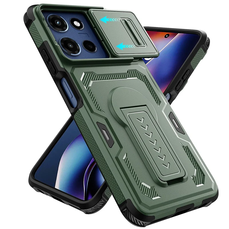 For Motorola Moto G (2025) 5G Case Slide Lens Shield PC + TPU Kickstand Phone Cover - Green
