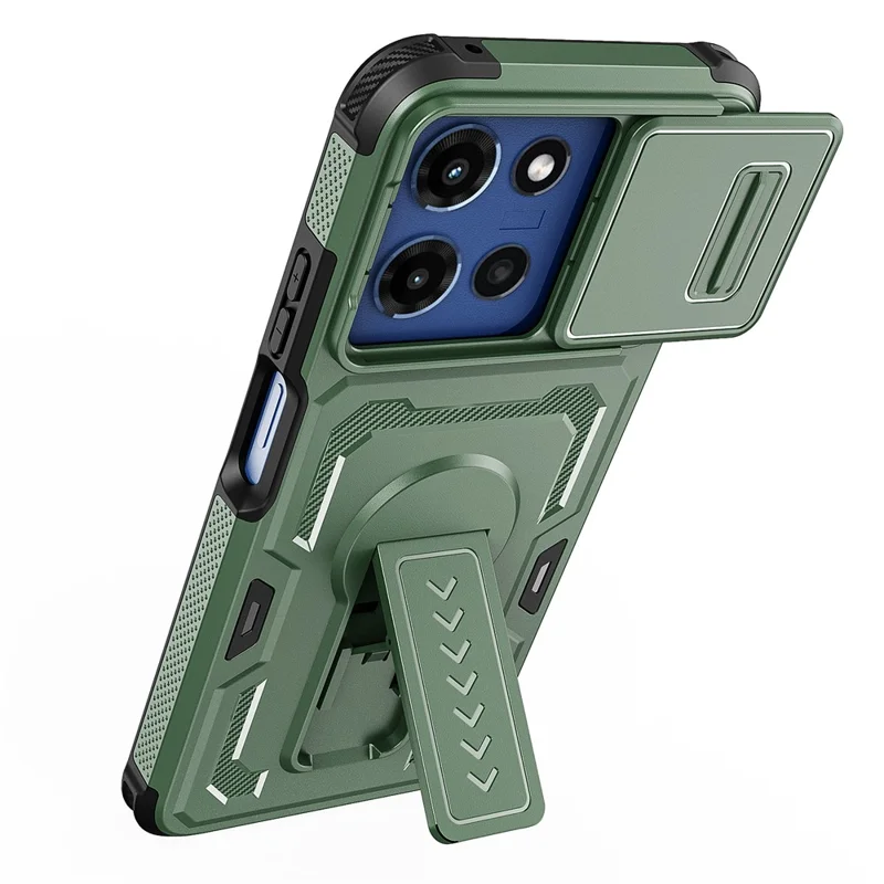 For Motorola Moto G (2025) 5G Case Slide Lens Shield PC + TPU Kickstand Phone Cover - Green