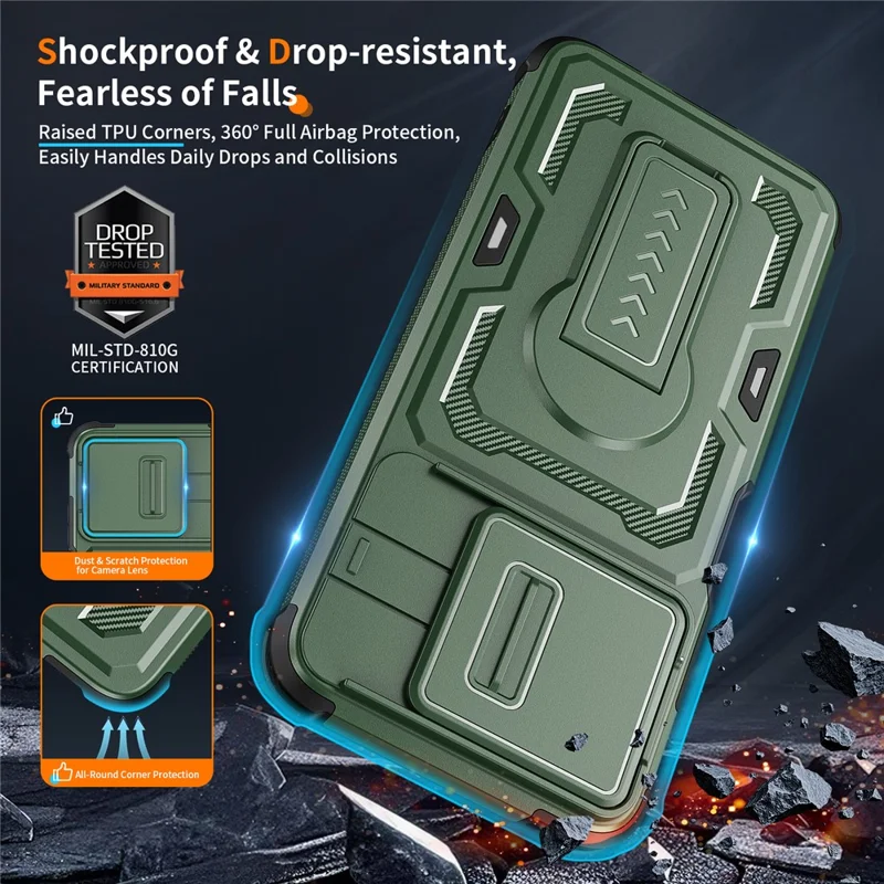 For Motorola Moto G (2025) 5G Case Slide Lens Shield PC + TPU Kickstand Phone Cover - Green