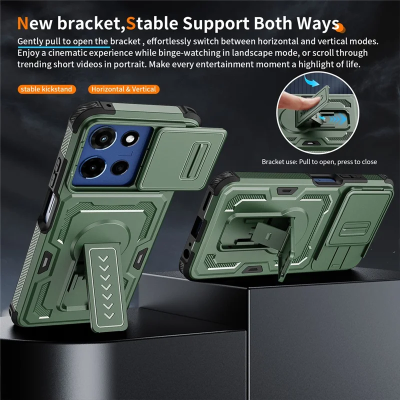 For Motorola Moto G (2025) 5G Case Slide Lens Shield PC + TPU Kickstand Phone Cover - Green