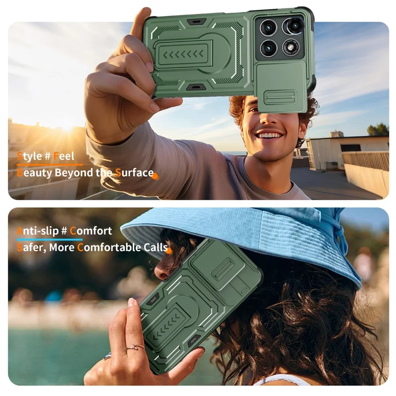 For Motorola Moto G (2025) 5G Case Slide Lens Shield PC + TPU Kickstand Phone Cover - Green