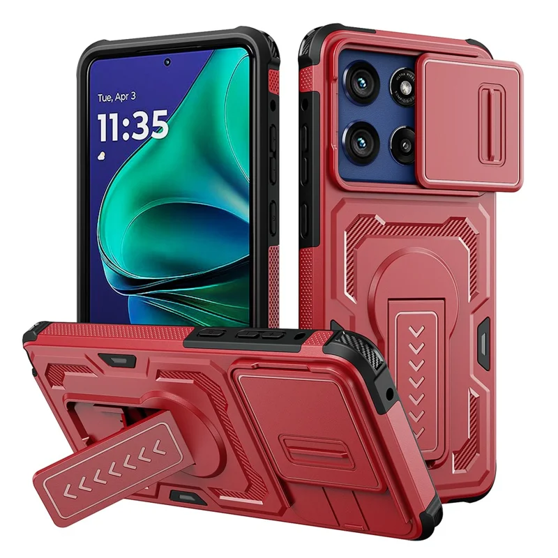 For Motorola Moto G Stylus 5G (2025) Case Slide Lens Shield PC + TPU Kickstand Phone Cover - Red