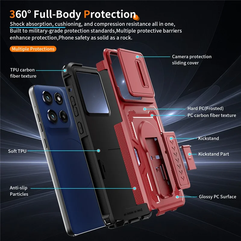 For Motorola Moto G Stylus 5G (2025) Case Slide Lens Shield PC + TPU Kickstand Phone Cover - Red