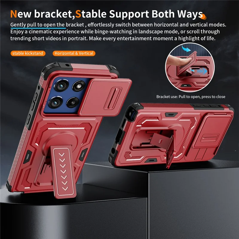 For Motorola Moto G Stylus 5G (2025) Case Slide Lens Shield PC + TPU Kickstand Phone Cover - Red