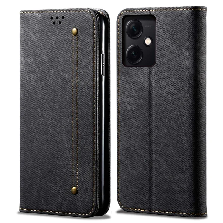 Per Xiaomi Redmi Note 12 5G (Globale) / (India) / (Cina) / Poco X5 5G Jeans Cloth Texture PU Leather Full Protection Phone Case Stand Magnetic Absorption Flip Wallet Cover - Nero