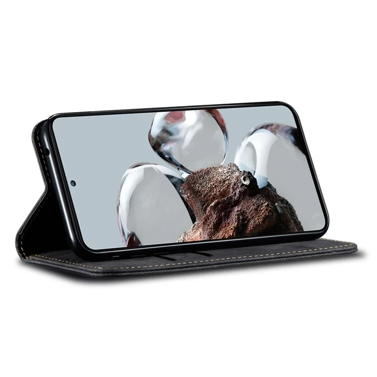 Per Xiaomi Redmi Note 12 5G (Globale) / (India) / (Cina) / Poco X5 5G Jeans Cloth Texture PU Leather Full Protection Phone Case Stand Magnetic Absorption Flip Wallet Cover - Nero