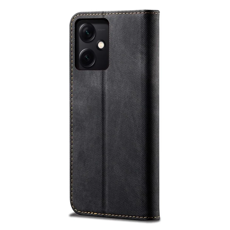Per Xiaomi Redmi Note 12 5G (Globale) / (India) / (Cina) / Poco X5 5G Jeans Cloth Texture PU Leather Full Protection Phone Case Stand Magnetic Absorption Flip Wallet Cover - Nero