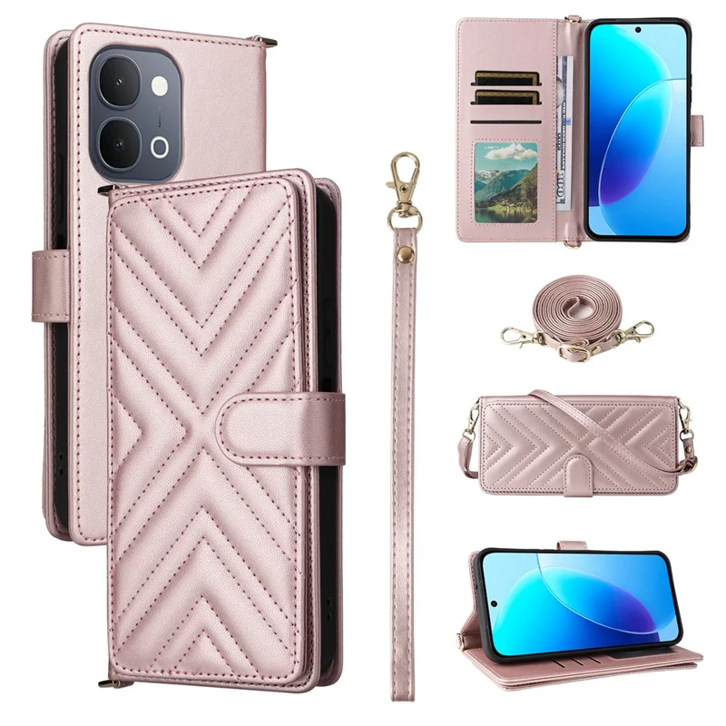 For vivo Y31d 4G  /  Y500i 5G Leather Case Stand Wallet Phone Cover with Shoulder  /  Wrist Strap - Pink