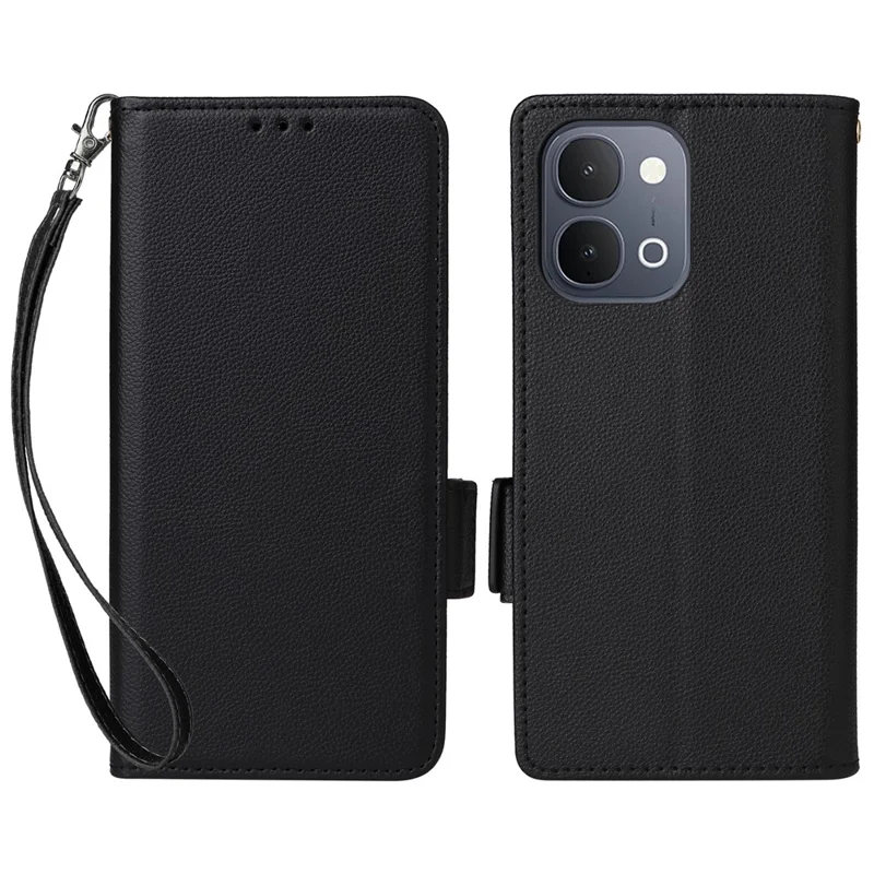 Phone Case For vivo Y31d 4G  /  Y500i 5G Litchi Texture Wallet Leather Phone Cover with Wrist Strap - Black