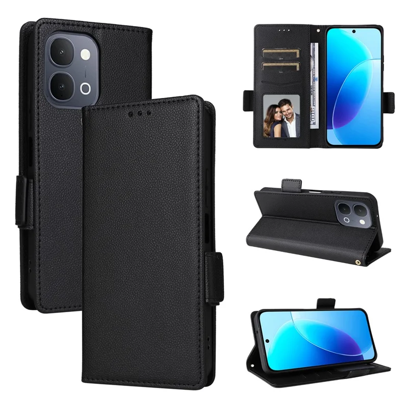 Phone Case For vivo Y31d 4G  /  Y500i 5G Litchi Texture Wallet Leather Phone Cover with Wrist Strap - Black