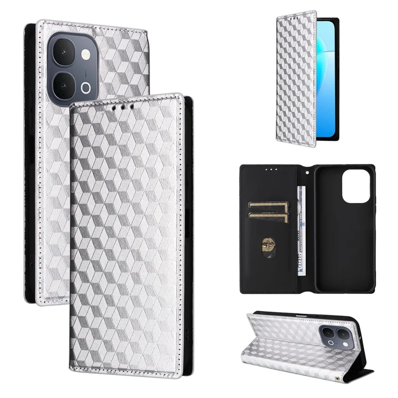 Phone Case for vivo Y31d 4G  /  Y500i 5G Wallet Rhombus Imprinted PU Leather Phone Cover - Silver