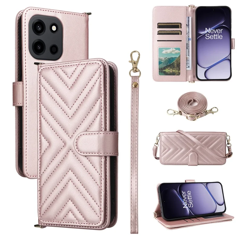 For OnePlus Turbo 6V 5G  /  Turbo 6 5G Leather Case Stand Wallet Phone Cover with Shoulder  /  Wrist Strap - Pink