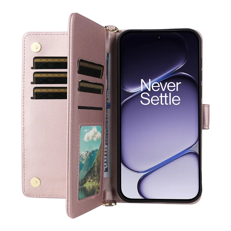 For OnePlus Turbo 6V 5G  /  Turbo 6 5G Leather Case Stand Wallet Phone Cover with Shoulder  /  Wrist Strap - Pink