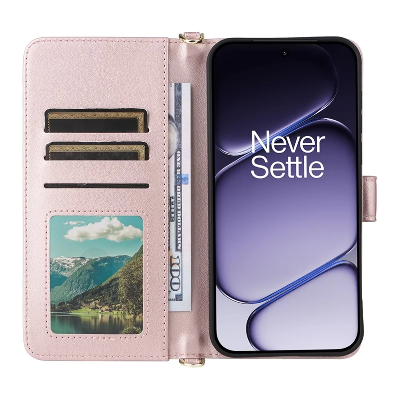 For OnePlus Turbo 6V 5G  /  Turbo 6 5G Leather Case Stand Wallet Phone Cover with Shoulder  /  Wrist Strap - Pink