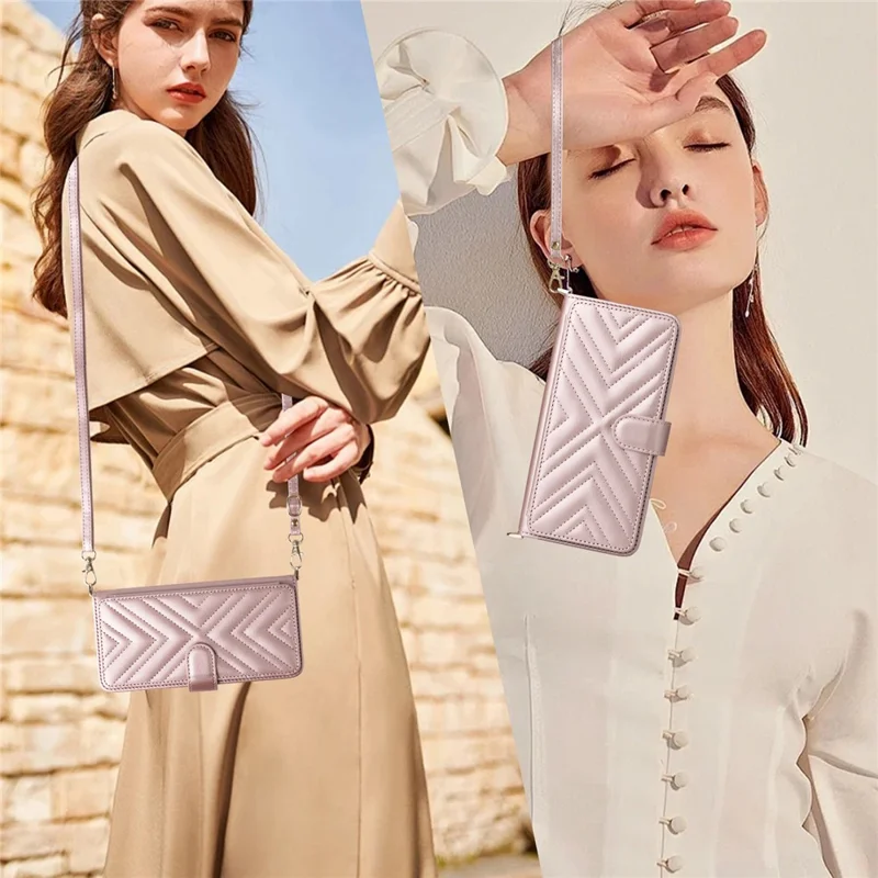 For OnePlus Turbo 6V 5G  /  Turbo 6 5G Leather Case Stand Wallet Phone Cover with Shoulder  /  Wrist Strap - Pink