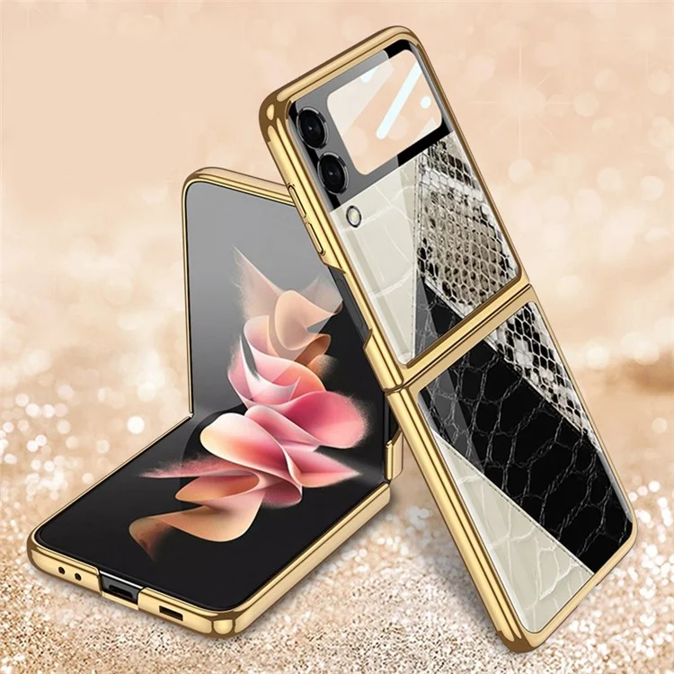 GKK For Samsung Galaxy Z Flip4 5G Pattern Printing Tempered Glass Back Shell  Hard PC Electroplated Folding Phone Case with Small Tempered Glass Screen Film - Contrast Leather Texture 01
