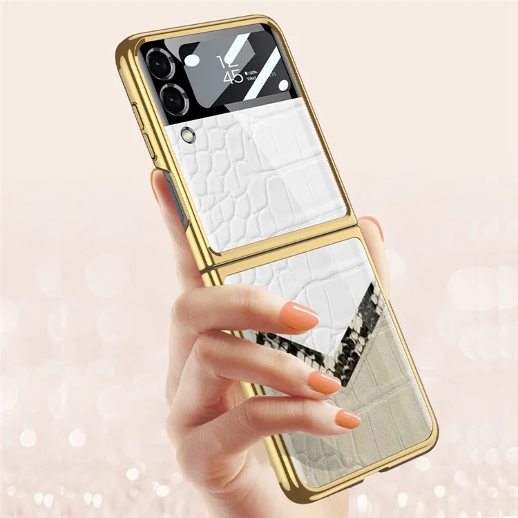 GKK For Samsung Galaxy Z Flip4 5G Pattern Printing Tempered Glass Back Shell  Hard PC Electroplated Folding Phone Case with Small Tempered Glass Screen Film - Contrast Leather Texture 01