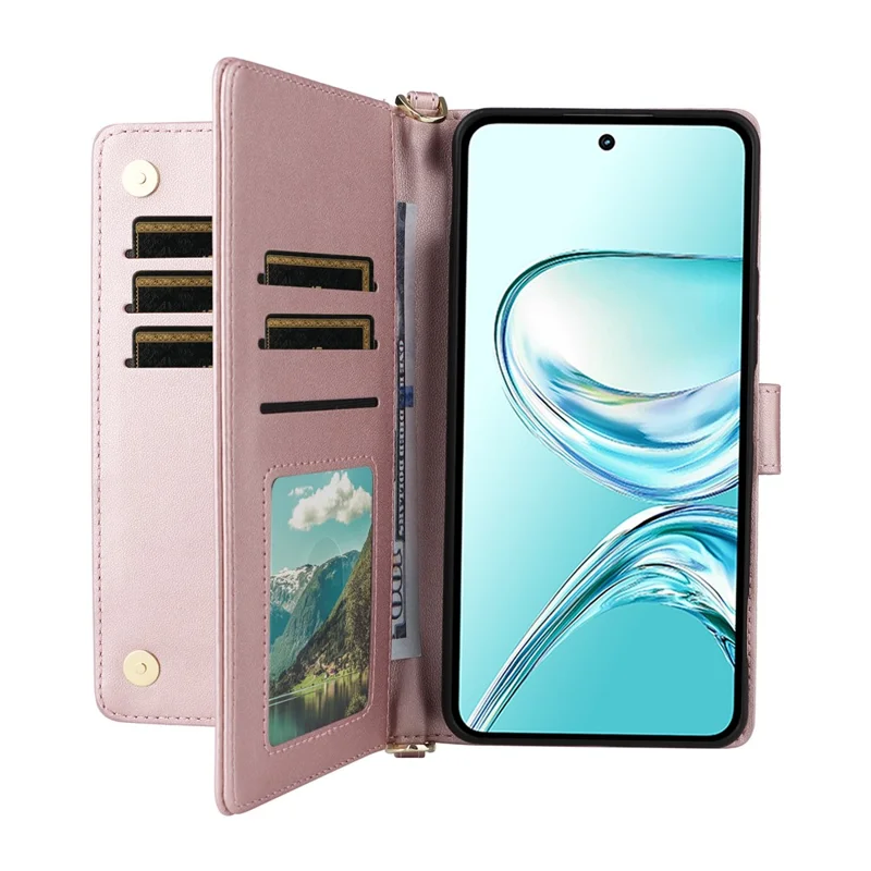 For ZTE nubia Focus 2 Ultra 5G Leather Case Stand Wallet Phone Cover with Shoulder  /  Wrist Strap - Pink