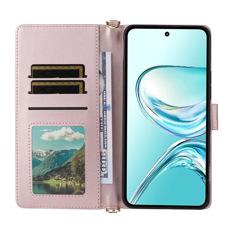 For ZTE nubia Focus 2 Ultra 5G Leather Case Stand Wallet Phone Cover with Shoulder  /  Wrist Strap - Pink