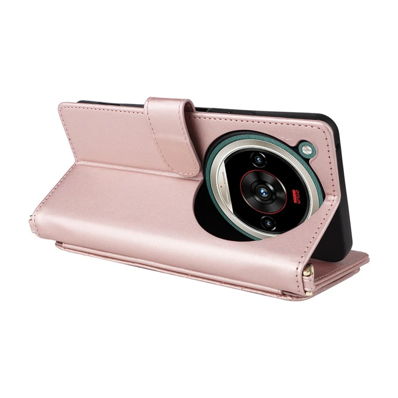 For ZTE nubia Focus 2 Ultra 5G Leather Case Stand Wallet Phone Cover with Shoulder  /  Wrist Strap - Pink