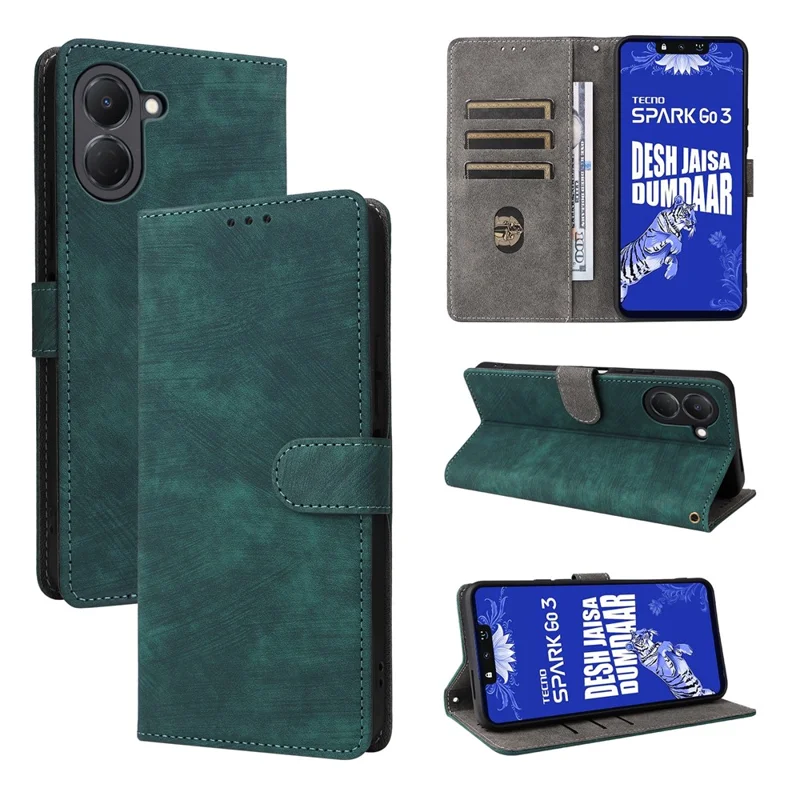 Phone Case For TECNO Spark Go 3 Wallet RFID Blocking PU Leather Phone Cover Stand with Strap - Green