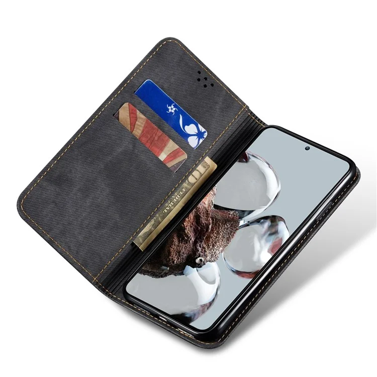 For Xiaomi Redmi Note 12 Pro 5G  / Note 12 Pro Speed 5G / Poco X5 Pro 5G Jeans Cloth Texture PU Leather Phone Case Stand Magnetic Absorption Wallet Flip Cover - Black
