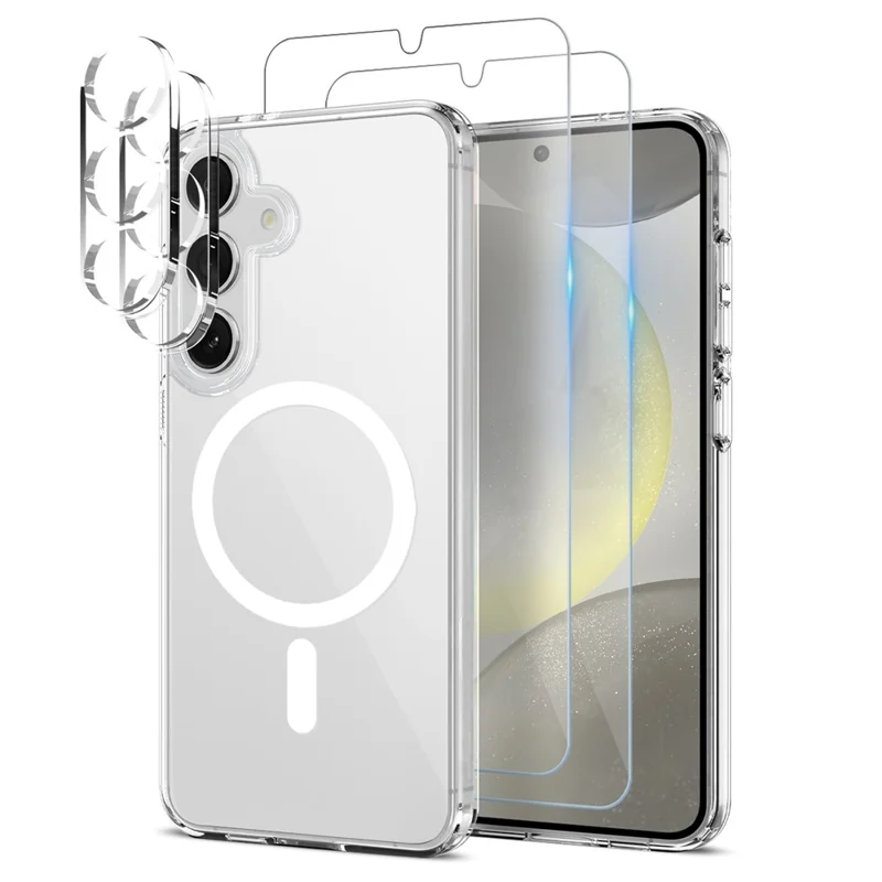 NORTHJO 5 in 1 Set for Samsung Galaxy S24 Magnetic Case PC + TPU Phone Cover with 2 Front Screen Protector (Support Fingerprint Unlock) + 2 Lens Film - Transparent
