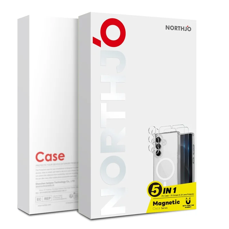 NORTHJO 5 in 1 Set for Samsung Galaxy S24 Magnetic Case PC + TPU Phone Cover with 2 Front Screen Protector (Support Fingerprint Unlock) + 2 Lens Film - Transparent