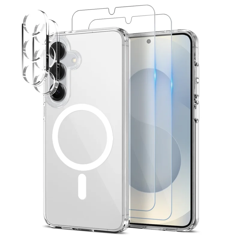 NORTHJO 5 in 1 Set for Samsung Galaxy S25+ Magnetic Case PC + TPU Phone Cover with 2 Front Screen Protector (Support Fingerprint Unlock) + 2 Lens Film - Transparent