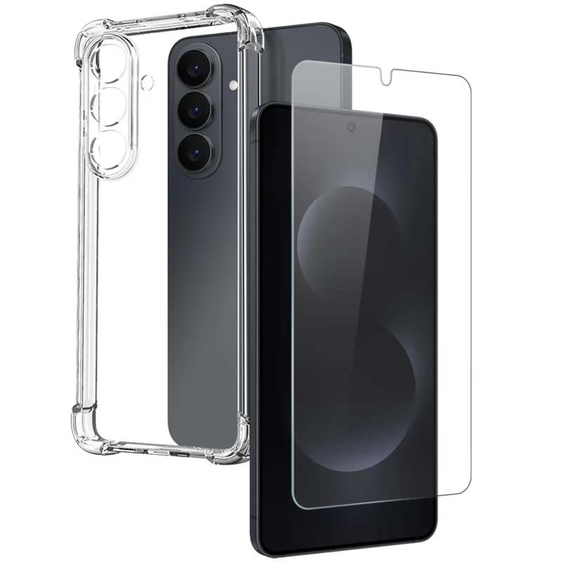 NORTHJO Para Samsung Galaxy S26+ Capa à Prova de Choque Capa Transparente em TPU com Suporte de Vidro Temperado Desbloqueio por Impressão Digital - Transparente