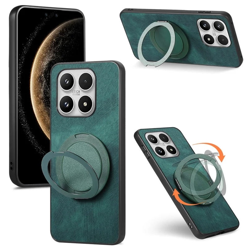 For Xiaomi 17 Phone Case with Rotating Kickstand Stress Relief Retro Leather Back Cover - Green