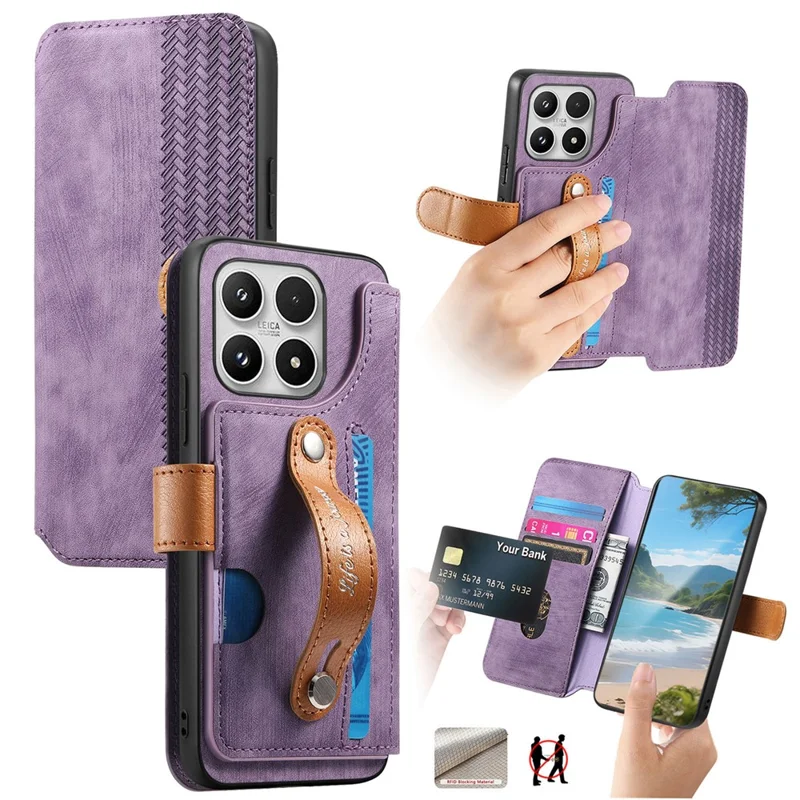 For Xiaomi 17 Wallet Case Retro Leather Phone Cover with Wristband Kickstand - Purple