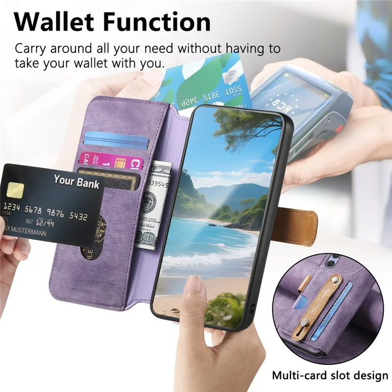 For Xiaomi 17 Wallet Case Retro Leather Phone Cover with Wristband Kickstand - Purple