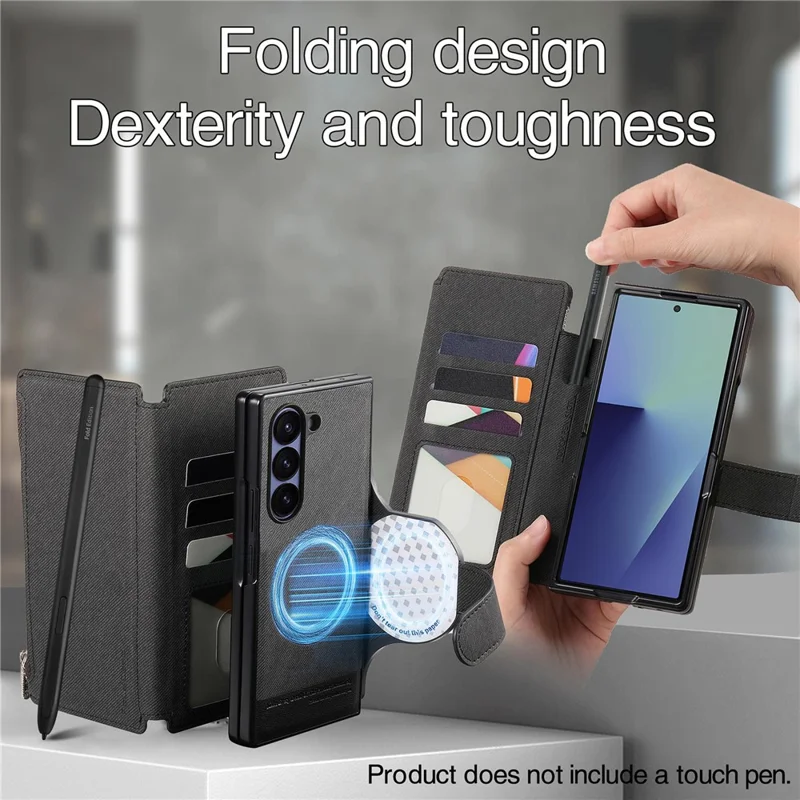 حالة مغناطيسية لهاتف Samsung Galaxy Z Fold7 5G، غطاء هاتف قابل للفصل بتصميم محفظة وحامل ونسيج قماشي من الجلد + PC + TPU - أسود