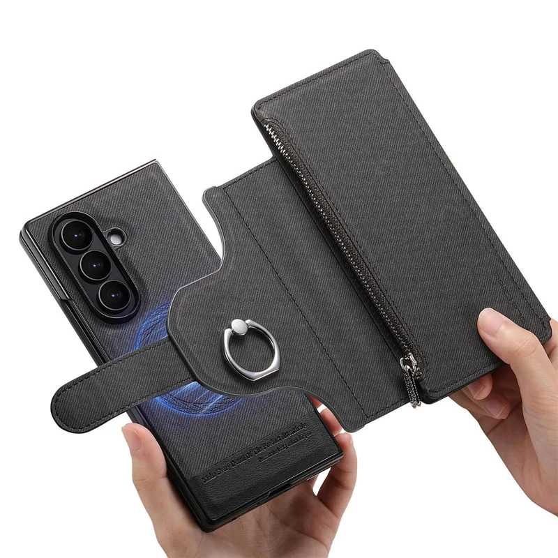 حالة مغناطيسية لهاتف Samsung Galaxy Z Fold7 5G، غطاء هاتف قابل للفصل بتصميم محفظة وحامل ونسيج قماشي من الجلد + PC + TPU - أسود