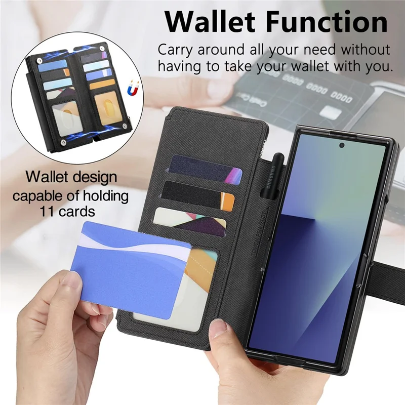 Für Samsung Galaxy Z Fold6 5G Magnetische Hülle Abnehmbare Brieftasche Ständer Stoffstruktur Leder + PC + TPU Handyhülle - Schwarz