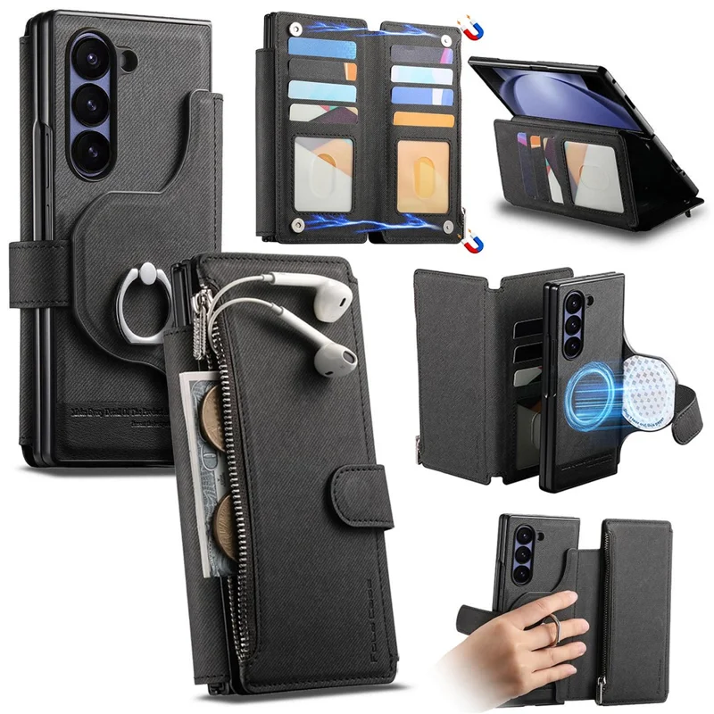 Für Samsung Galaxy Z Fold5 5G Magnetische Hülle Abnehmbares Wallet Ständer Stoffstruktur Leder + PC + TPU Handyhülle - Schwarz