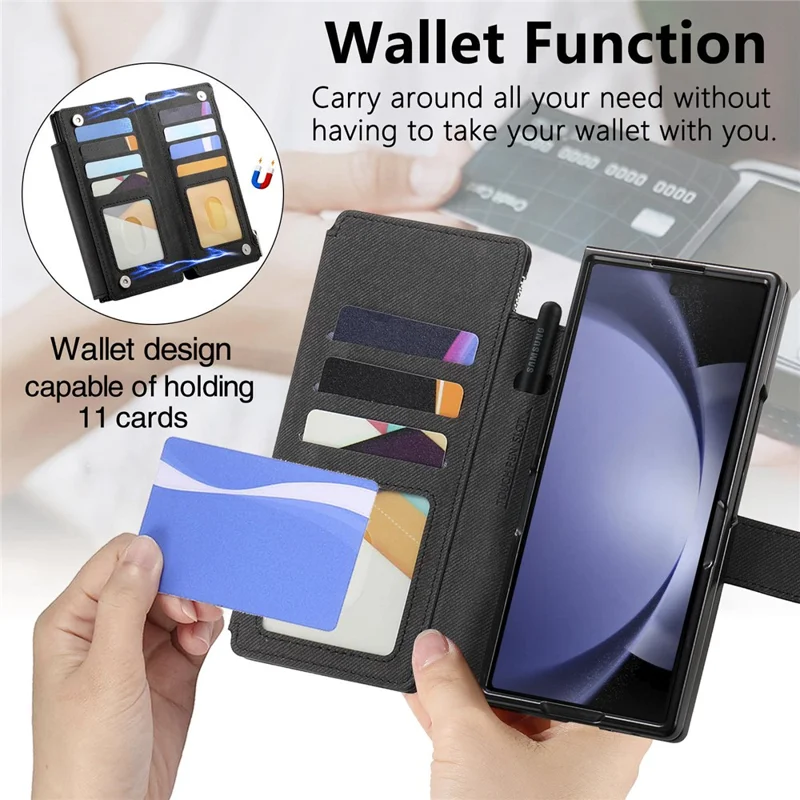 Für Samsung Galaxy Z Fold5 5G Magnetische Hülle Abnehmbares Wallet Ständer Stoffstruktur Leder + PC + TPU Handyhülle - Schwarz