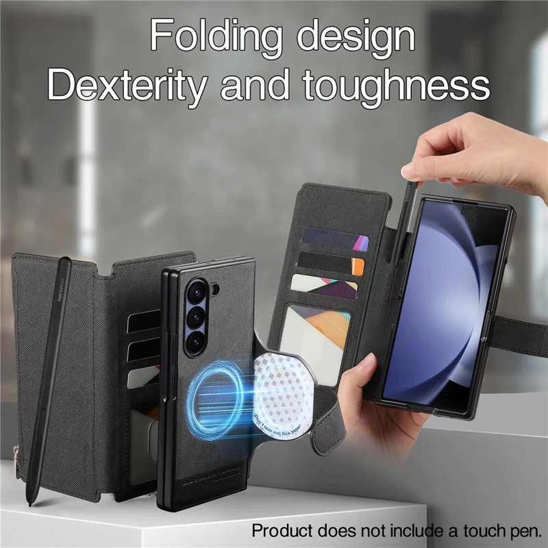 Für Samsung Galaxy Z Fold5 5G Magnetische Hülle Abnehmbares Wallet Ständer Stoffstruktur Leder + PC + TPU Handyhülle - Schwarz
