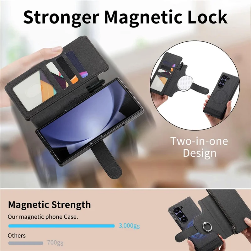 Für Samsung Galaxy Z Fold5 5G Magnetische Hülle Abnehmbares Wallet Ständer Stoffstruktur Leder + PC + TPU Handyhülle - Schwarz