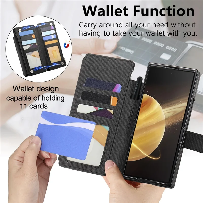 For Honor Magic V3 5G Magnetic Case Detachable Wallet Stand Cloth Texture Leather + PC + TPU Phone Cover - Black