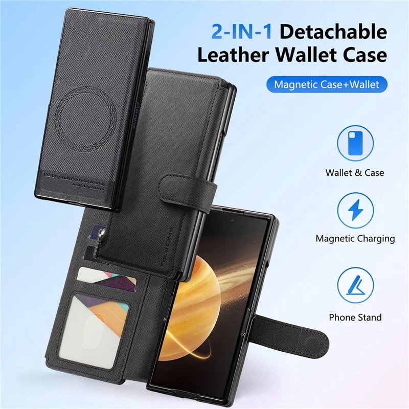 For Honor Magic V3 5G Magnetic Case Detachable Wallet Stand Cloth Texture Leather + PC + TPU Phone Cover - Black
