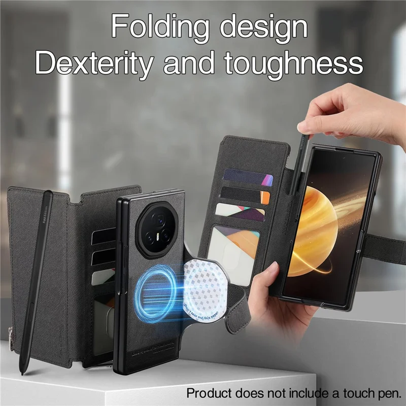 For Honor Magic V3 5G Magnetic Case Detachable Wallet Stand Cloth Texture Leather + PC + TPU Phone Cover - Black